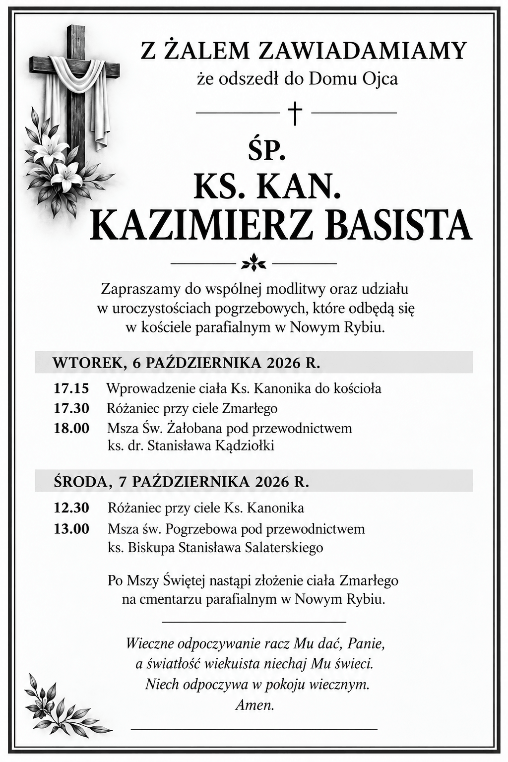 Informacja o uroczystościach pogrzebowych ks. kan. Kazimierza Basisty